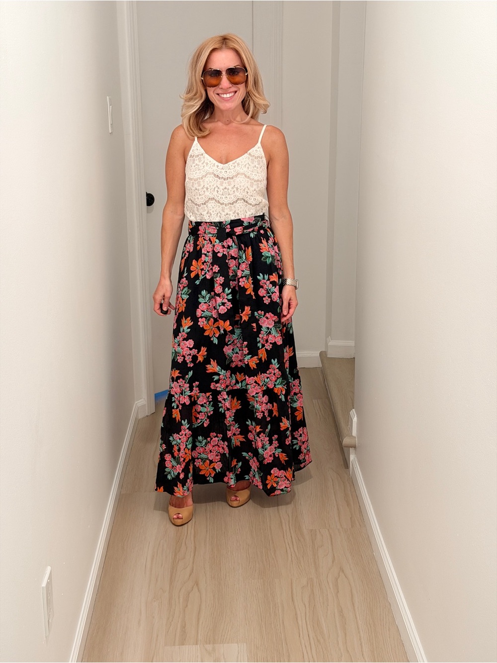 Ann Taylor Petite Black Floral Bermuda Shorts with Coral and Mint Accents